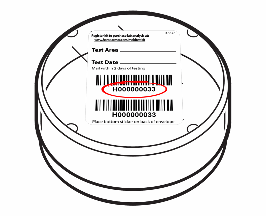 Illustration of Kit ID, listed below bar code on bottom of petri dish